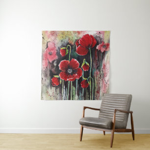 Red Flowers In Watercolor Tapestry