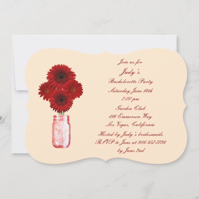 Red Flowers Mason Jar Bachelorette Party Invite (Front)