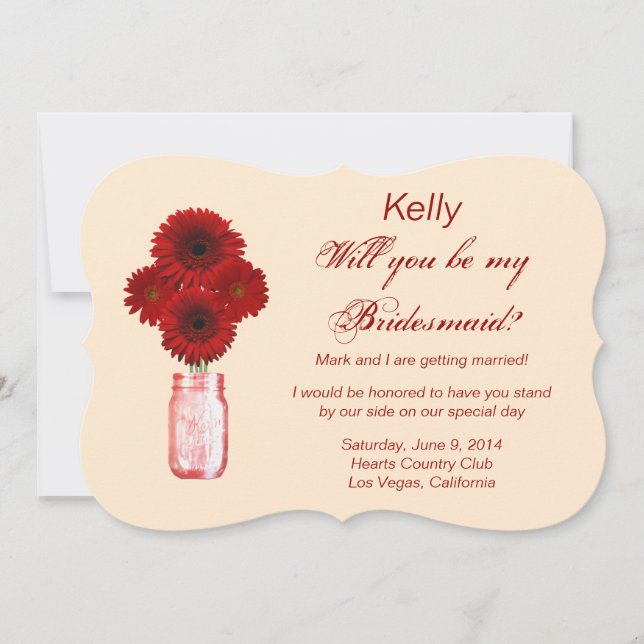 Red Flowers Mason Jar Bridesmaid Card (Front)