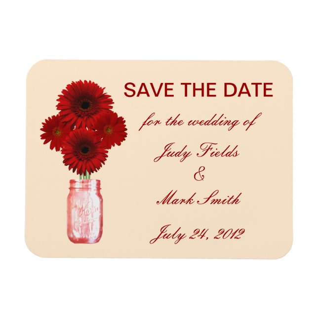 Red Flowers Mason Jar Save The Date Magnet (Horizontal)