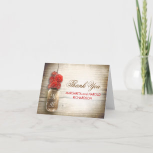 Red flowers mason jar wedding thank you cards