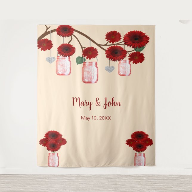 Red Flowers Mason Jars Photo Backdrop Tapestry (Front)