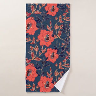 Red flowers of roses and peonies with leaves and p bath towel