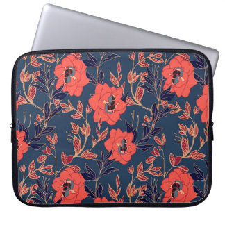 Red flowers of roses and peonies with leaves and p laptop sleeve