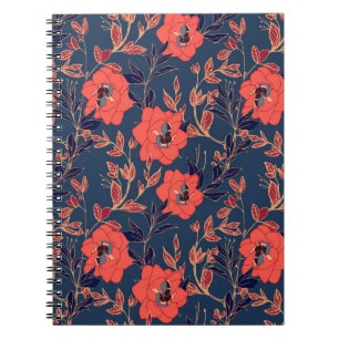 Red flowers of roses and peonies with leaves and p notebook