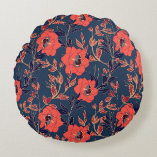 Red flowers of roses and peonies with leaves and p round cushion