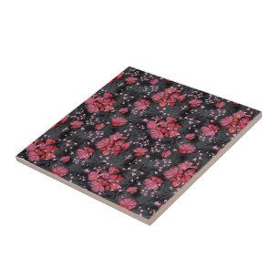 Red flowers on a black-grey background. ceramic tile