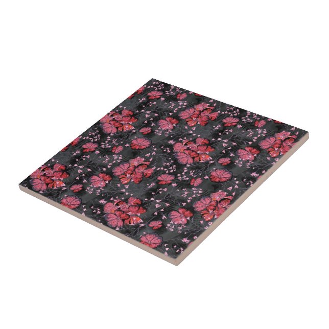 Red flowers on a black-grey background. ceramic tile (Side)