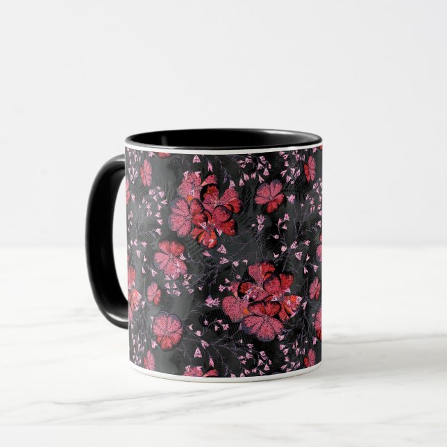 Red flowers on a black-grey background. mug (Front Left)
