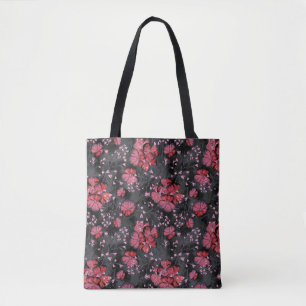 Red flowers on a black-grey background. tote bag