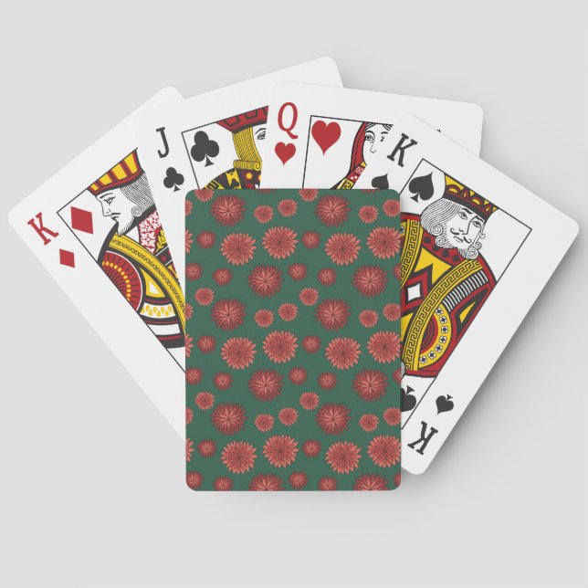 Red Flowers on a Green Background Playing Cards (Back)