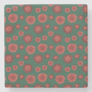 Red Flowers on a Green Background Stone Coaster