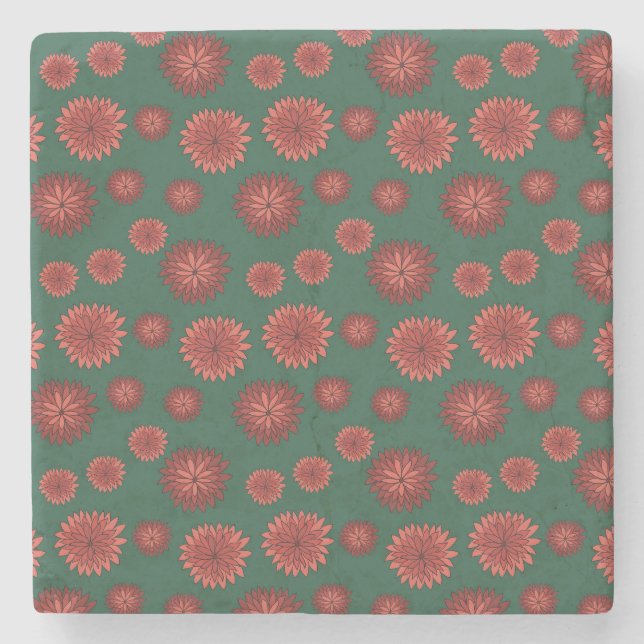 Red Flowers on a Green Background Stone Coaster (Front)