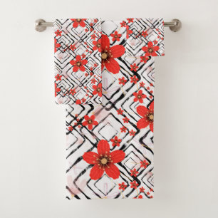 Red flowers on a white, black background. bath towel set