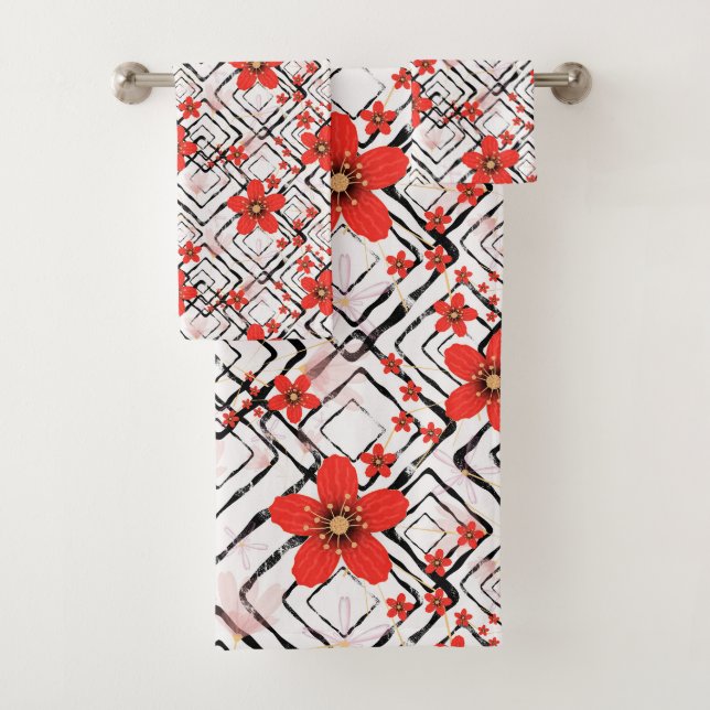 Red flowers on a white, black background. bath towel set (Insitu)