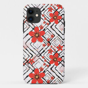 Red flowers on a white, black background. iPhone 11 case