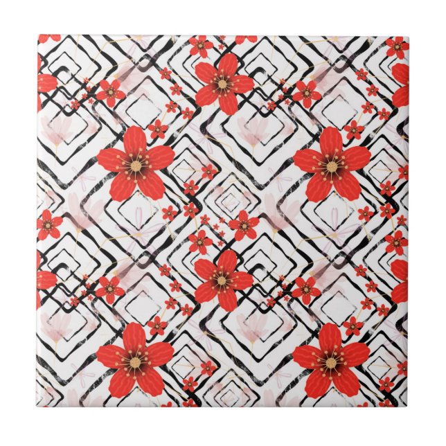 Red flowers on a white, black background. ceramic tile (Front)