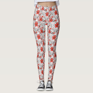 Red flowers on a white, black background. leggings