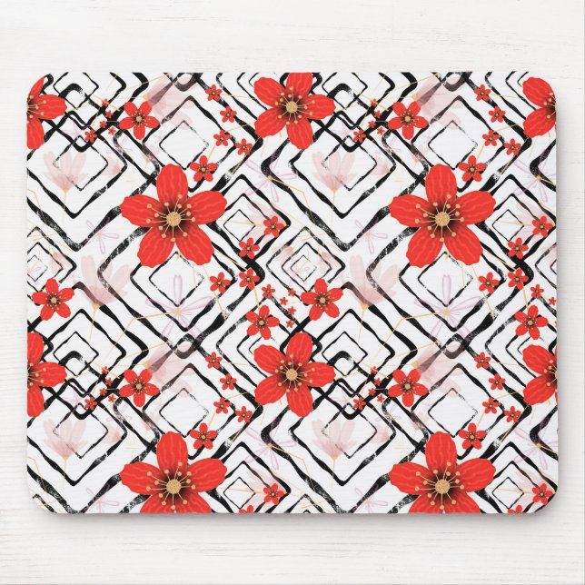 Red flowers on a white, black background. mouse pad (Front)
