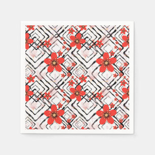 Red flowers on a white, black background. napkin