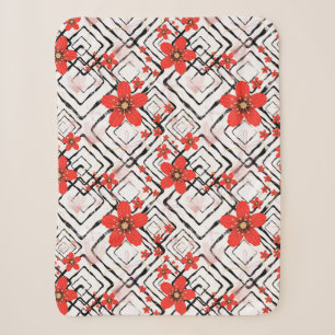 Red flowers on a white, black background. sherpa blanket