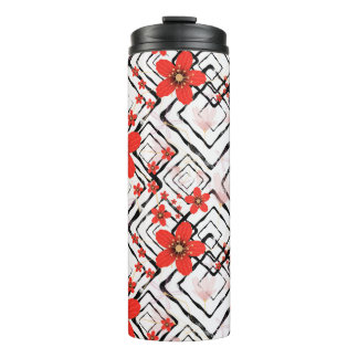Red flowers on a white, black background. thermal tumbler