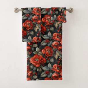 Red flowers on black bath towel set