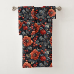 Red flowers on black bath towel set