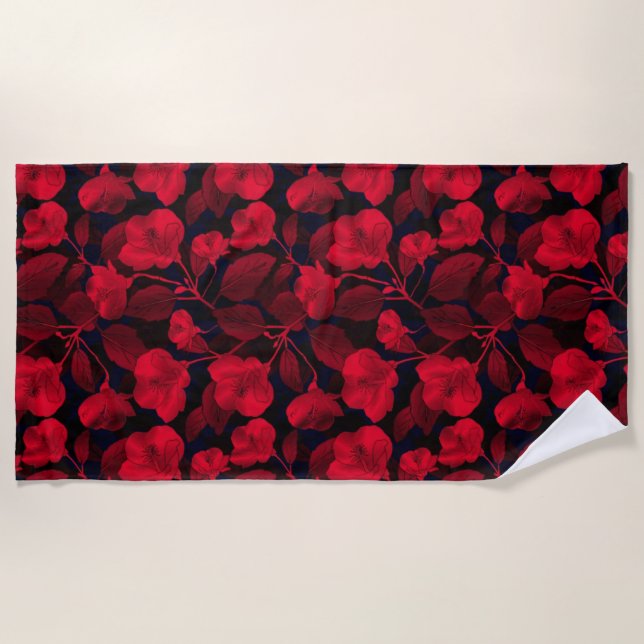 Red Flowers On Black Beach Towel (Front)