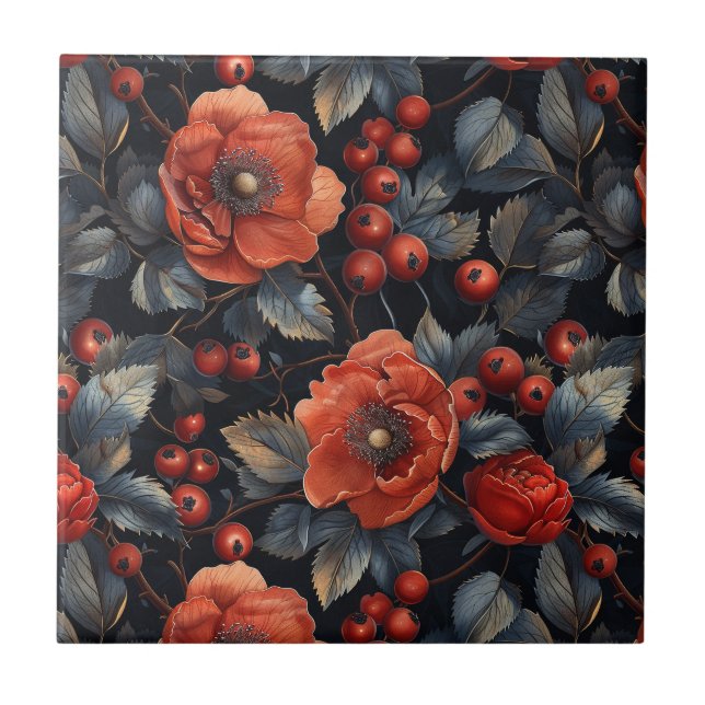 Red flowers on black ceramic tile (Front)