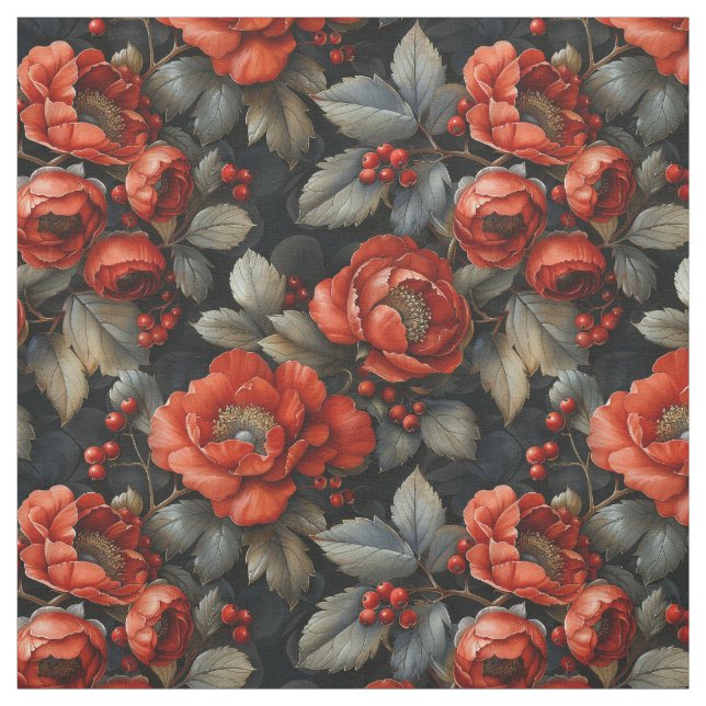 Red flowers on black fabric (Swatch)