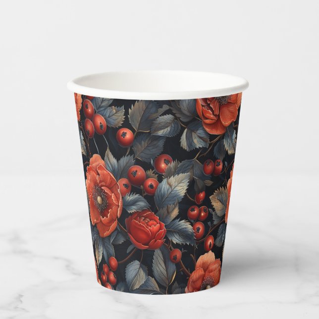 Red flowers on black paper cups (Front)