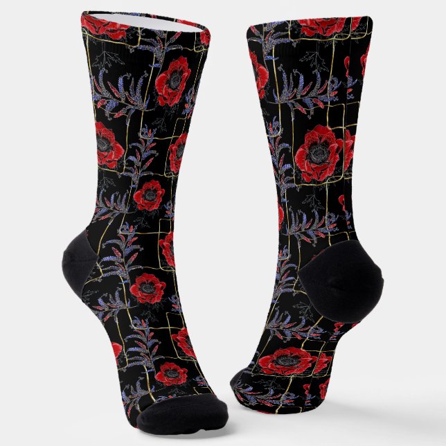Red flowers on black. socks (Angled)