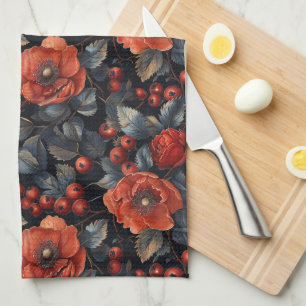 Red flowers on black tea towel