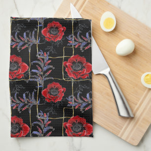 Red flowers on black. tea towel