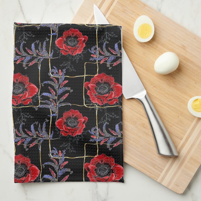 Red flowers on black. tea towel (Quarter Fold)