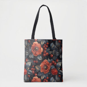 Red flowers on black tote bag