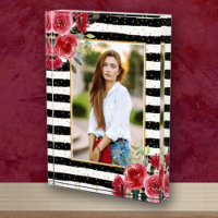 Red Flowers on Black White Stripes Photo Block