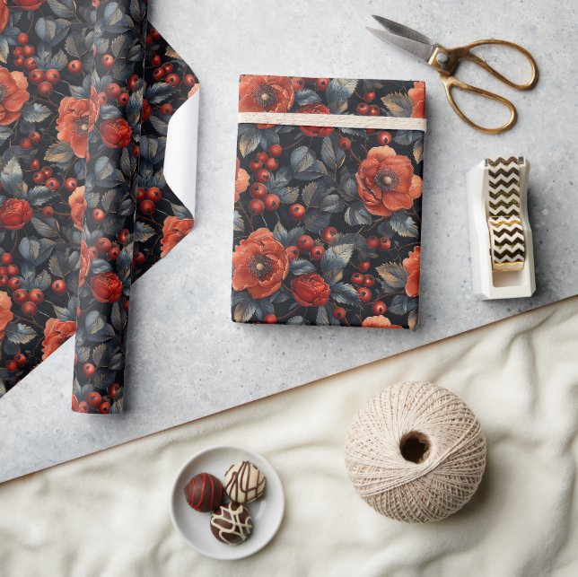 Red flowers on black wrapping paper (Crafts)