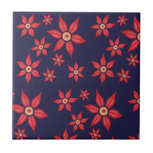 Red Flowers on Blue Ceramic Tile