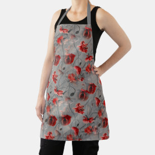 Red Flowers on Dark Grey, Red Poppies Floral Print Apron