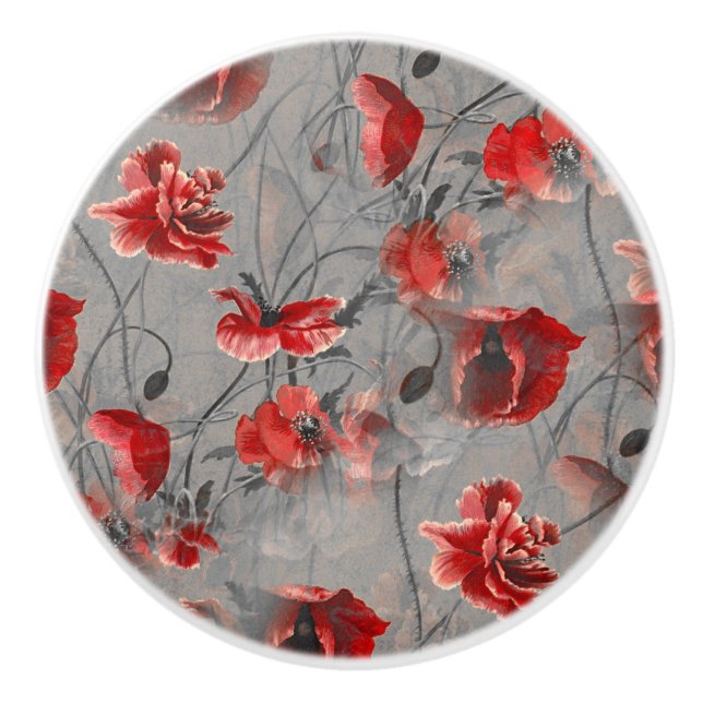 Red Flowers on Dark Grey, Red Poppies Floral Print Ceramic Knob (Front)