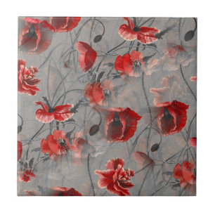 Red Flowers on Dark Grey, Red Poppies Floral Print Ceramic Tile