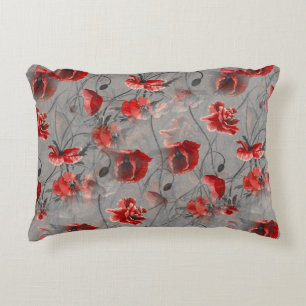 Red Flowers on Dark Grey, Red Poppies Floral Print Decorative Cushion