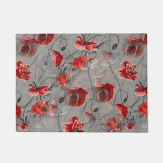 Red Flowers on Dark Grey, Red Poppies Floral Print Doormat
