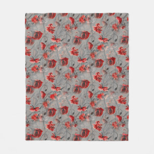 Red Flowers on Dark Grey, Red Poppies Floral Print Fleece Blanket