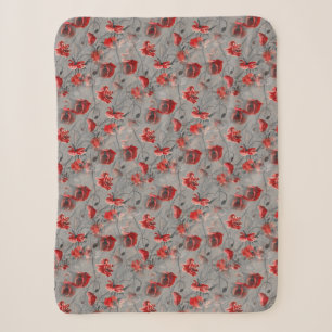 Red Flowers on Dark Grey, Red Poppies Floral Print Sherpa Blanket