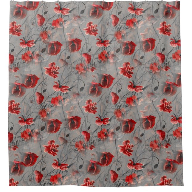 Red Flowers on Dark Grey, Red Poppies Floral Print Shower Curtain (Front)