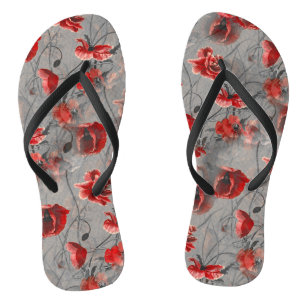 Red Flowers on Dark Grey, Red Poppies Floral Print Thongs