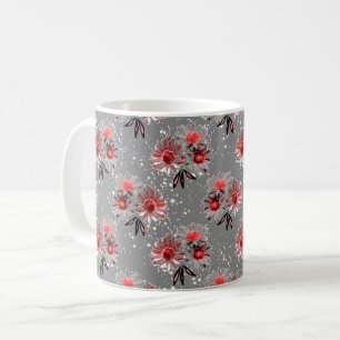 Red flowers on gray coffee mug